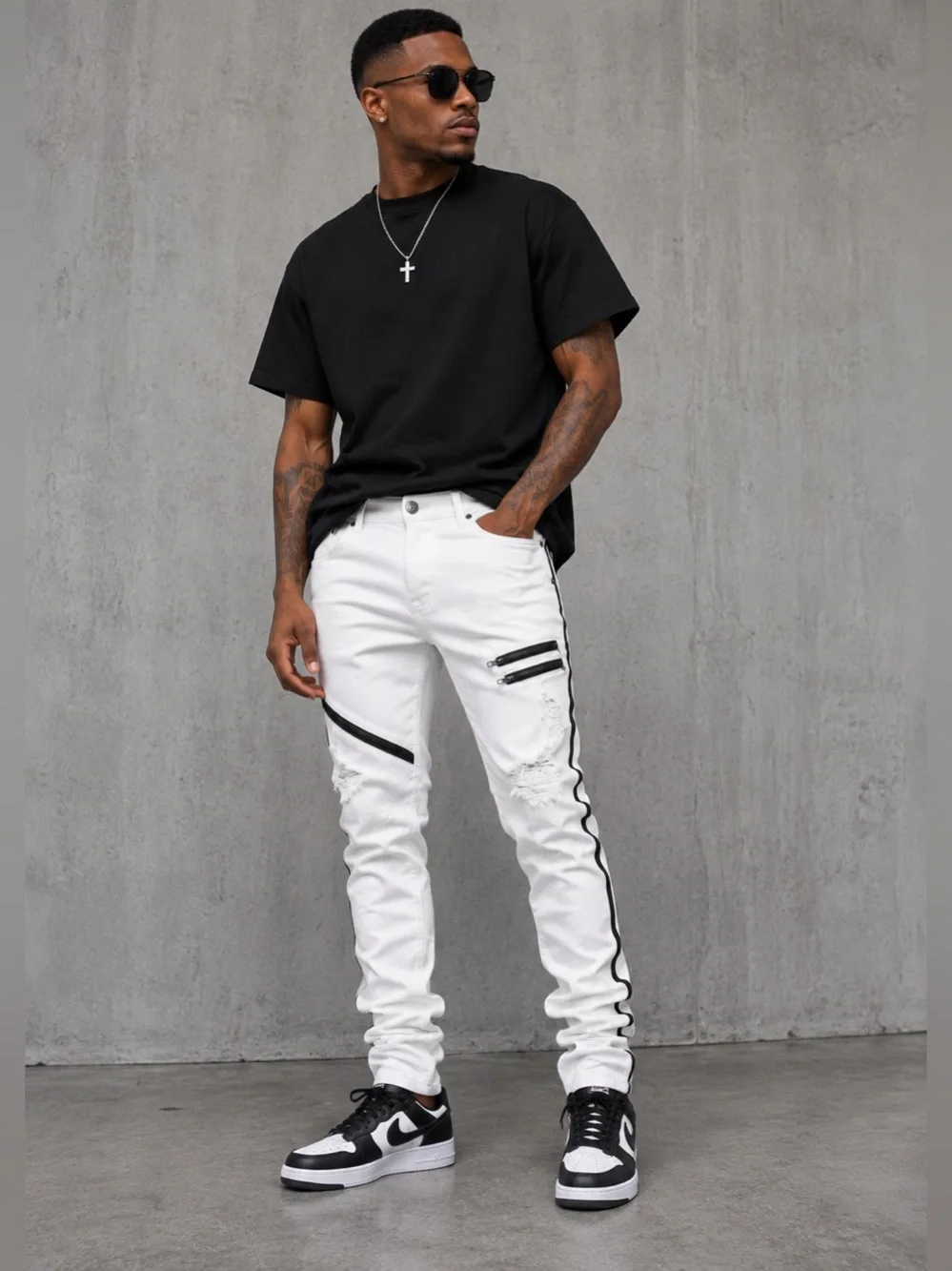 Glitz Men's White Skinny Jeans with Black Stripe Accents
